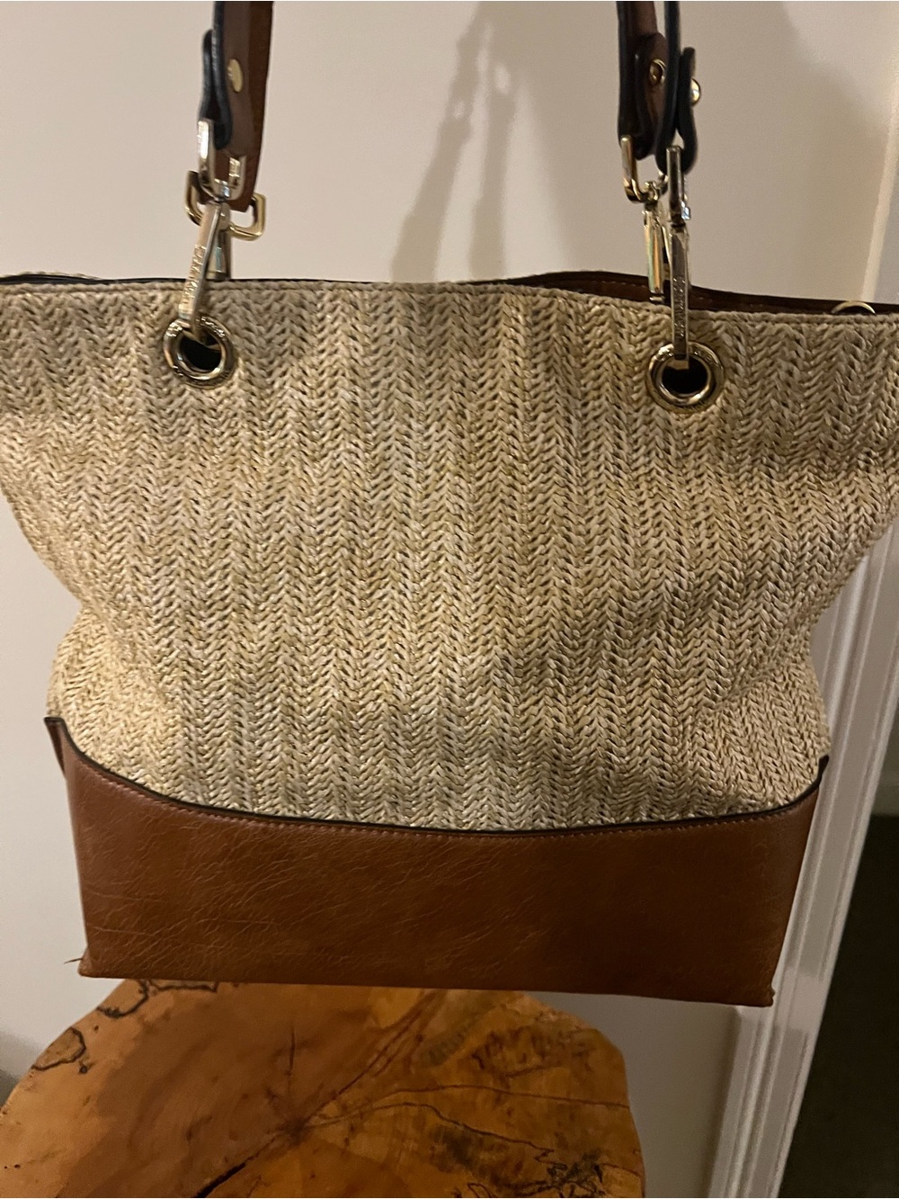 Calvin Klein Beige Woven & Brown Vegan-Trim Shoulder Bag